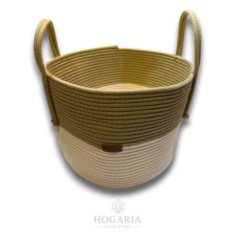 Contenedor grande con asas combinado crudo con simil yute